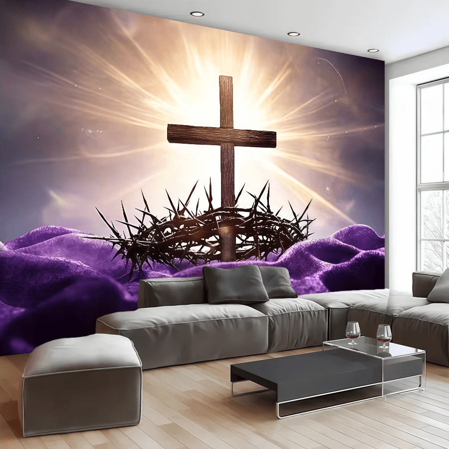 1 pieza, Pancarta de fondo de cruz de Pascua en 2D, corona de espinas morada y cruz, fibra de éster ácido, adecuada para la decoración multifuncional de fiestas festivas y celebraciones de Pascua, hogares, jardines, estudios y fiestas de cumpleaños al aire libre