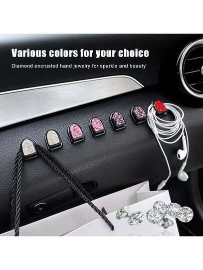 迷你水晶装饰汽车挂钩，闪亮迷你汽车挂钩，多功能粘性小型汽车收纳挂钩，适用于钥匙、电线、口罩等，水晶仪表盘挂钩，汽车内饰装饰配件，白色