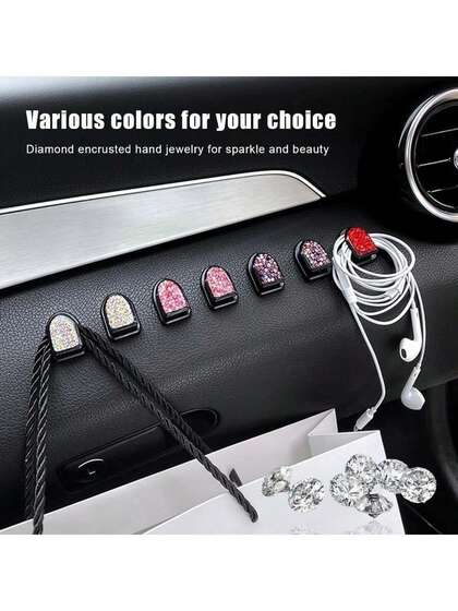 迷你水晶装饰汽车挂钩，闪亮迷你汽车挂钩，多功能粘性小型汽车收纳挂钩，适用于钥匙、电线、口罩等，水晶仪表盘挂钩，汽车内饰装饰配件，白色