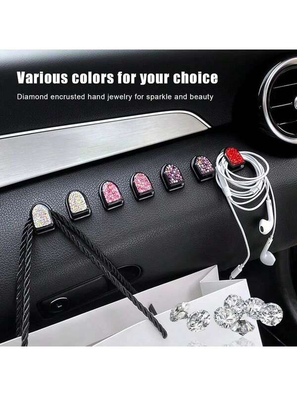Mini Crystal Decorative Car Hook, Shiny Car Mini Hook Multi-Functional Adhesive Small Car Storage Hook, Suitable For Keys, Wires, Masks, Etc., Crystal Dashboard Hook, Car Interior Decor Accessory, White