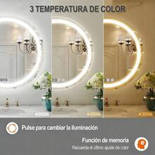 Espejo de baño táctil inteligente circular con espejo de luz circular led, 60 x 60 cm, con función antiniebla inteligente y botón táctil inteligente y pantalla de tiempo, tres temperaturas de color ajustadas libremente, espejo de maquillaje montado en la pared, vertical y horizontal, adecuado para duchas, guardarropa, tocador - Blanco - Ver 4
