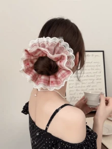 1个格子布爱心波点发圈，4层蕾丝荷叶边发髻固定器，适合春、夏、秋、冬、校园、情人节等场合，可作礼物 - 彩色 - 查看 9