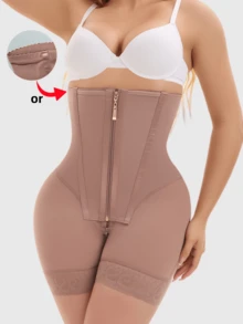 女士高腰塑形短裤，拉链闭合，收腹提臀连体塑形裤，适合各种场合和运动 - 鏽棕色 - 查看 3