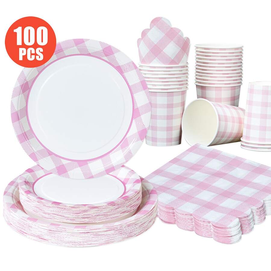 Pink & White Striped Disposable Plates, Napkins, Cups - 25 Guest Party Supplies Set, Disposable Paper Plates Suitable For Birthday, Wedding, Theme Party, Family Picnic - Multicolor - View 1