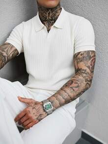 Men's Ribbed Airplane Collar Polo Knit Shirt, Short Sleeve, Summer Fashion - White - View 2