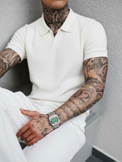 Men's Ribbed Airplane Collar Polo Knit Shirt, Short Sleeve, Summer Fashion