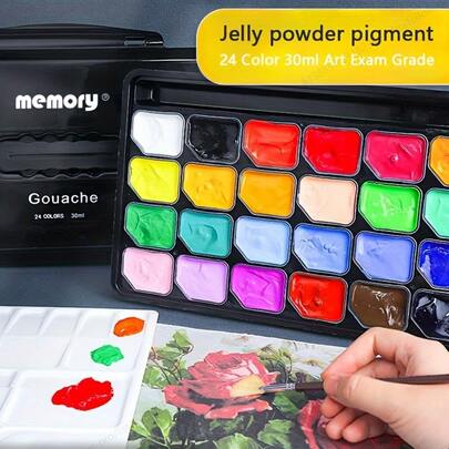 24色水粉颜料套装，1.01液体盎司管装 - 色彩鲜艳的水彩颜料，适用于画布艺术家和业余爱好者，附赠便携式调色盘