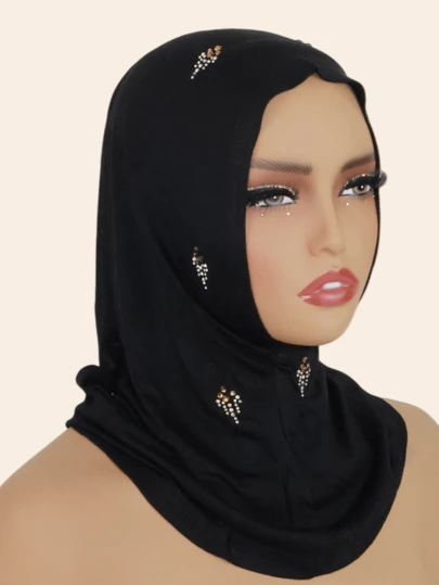 1件装女士针织头巾，弹性面料，镶嵌水钻，粘胶材质，方便日常佩戴，马来西亚时尚头巾，适合搭配穆斯林头巾服饰