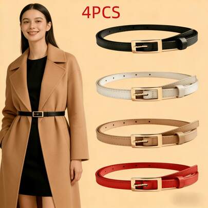 4PCS Unisex Adjustable Slim Waist Belt Set: Black/Brown/White/Red Solid Faux Leather Belts With Gold Square Buckle – Vintage Classic Autumn/Winter Decorative Belts Perfect For Western Outfits, Dresses, Blazers & High-Waisted Jeans