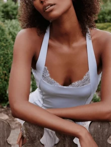 Women Halter Neck Tank Tops Sleeveless Lace Patchwork Summer Slim Fit Cropped Going Out Vest - 天藍 - 查看 3