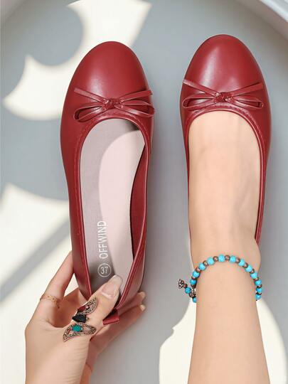 OFFWIND Red Women's Ballet Flats, Elegant Soft Slip-On Shoes With Bow, Round Toe Comfortable Lightweight Flats For Spring Summer Work