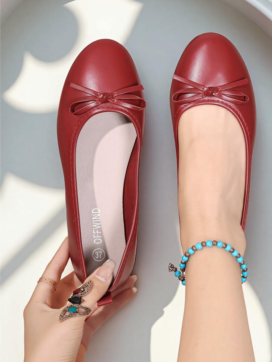 OFFWIND Red Women's Ballet Flats, Elegant & Soft Slip-On Shoes With Bow Decor, Round Toe Design, Comfortable & Lightweight, Suitable For Spring/Summer Work Wear