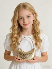 Girls' Embossed Rhombus Pattern Handbag, Holiday Gift, Fashion Princess Mini Purse, Crescent Moon Mini Bag, Gold/Silver - one-size - View 2