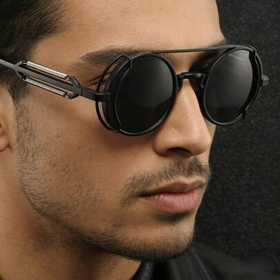 1 Pair Of Unisex Steampunk Fashion Glasses, Retro Metal Spring-Decorated Round Large Frames, Stylish Women's Glasses, Cool Glasses For Hip-Hop Parties