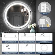 Espejo de baño táctil inteligente circular con espejo de luz circular led, 60 x 60 cm, con función antiniebla inteligente y botón táctil inteligente y pantalla de tiempo, tres temperaturas de color ajustadas libremente, espejo de maquillaje montado en la pared, vertical y horizontal, adecuado para duchas, guardarropa, tocador - Blanco - Ver 10