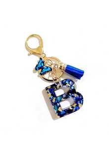 1个A-Y字母钥匙扣，精美蓝色流苏蝴蝶，英文字母钥匙扣，水晶树脂水滴吊坠，女士包包挂饰，汽车挂件，送给她的礼物