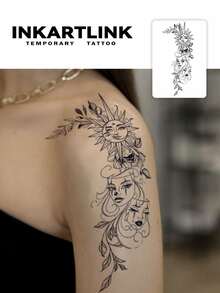 1 miếng hình xăm dán tạm thời chống thấm nước INKARTLINK hình mặt người và hoa lá, giữ được 1-2 tuần, hình xăm nước ép trái cây, trang trí cơ thể lý tưởng cho mùa thu/đông, phù hợp cho cả nam và nữ. - màu đen - Xem 9