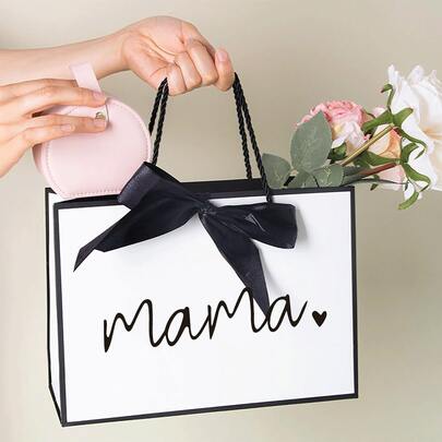 1pc Mom Letter Print Tote Bag, Fashionable Paper Birthday Gift Bag, Foldable Lightweight Handbag, Portable Travel Shopping Bag, Mother's Day Gift