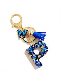 1个A-Y字母钥匙扣，精美蓝色流苏蝴蝶，英文字母钥匙扣，水晶树脂水滴吊坠，女士包包挂饰，汽车挂件，送给她的礼物