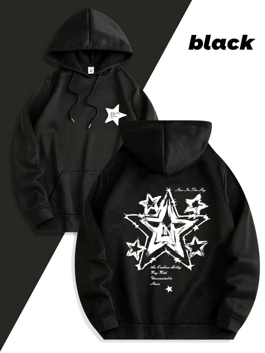 2026 Men's Fashion  Autumn Winter Kangaroo Pocket Hoodie, Star Letter Pattern Print, Casual Daily Comfortable Versatile Hooded Sweatshirt, Great Gift Loose And Comfortable, Casual And Easy-Going, Valentine's Day Hoodie For Couples, New Year Outfit For Women - màu đen - Xem 1