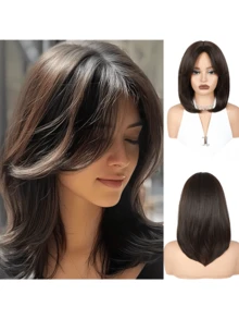 14-Inch Ombre Blonde Straight Synthetic Wig With Bangs, Layered Bob Style, Heat Resistant Fiber Material, Suitable For Daily Wear