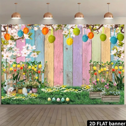 7x5英尺彩色木质复活节背景，彩色彩蛋、兔子、春花、花园摄影背景