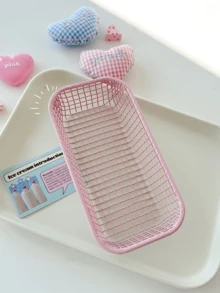 Cesta de almacenamiento de hierro de estilo clásico - Cesta de almacenamiento de hierro ovalada de estilo INS en color crema, con 3 opciones de color (azul/rosa/amarillo), estructura de metal sin costuras resistente, diseño multifuncional adecuado para organizar artículos de papelería, cosméticos y diversos elementos en el escritorio de la oficina, también es un cesto perfecto como accesorio fotográfico - Multicolor - Ver 7