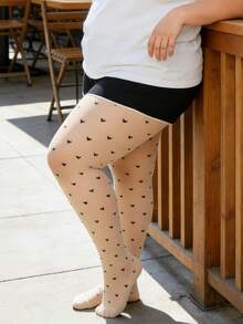 Plus Size Black Sheer Pantyhose With Heart Pattern, Sexy Sheer Mesh Design For Playful & Alluring Look - Apricot - View 3