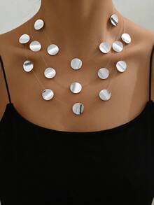 1 pieza de Collar de metal plateado de moda con círculo geométrico invisible de múltiples capas apilables, joyas para fiestas y vacaciones - Plateado - Ver 15