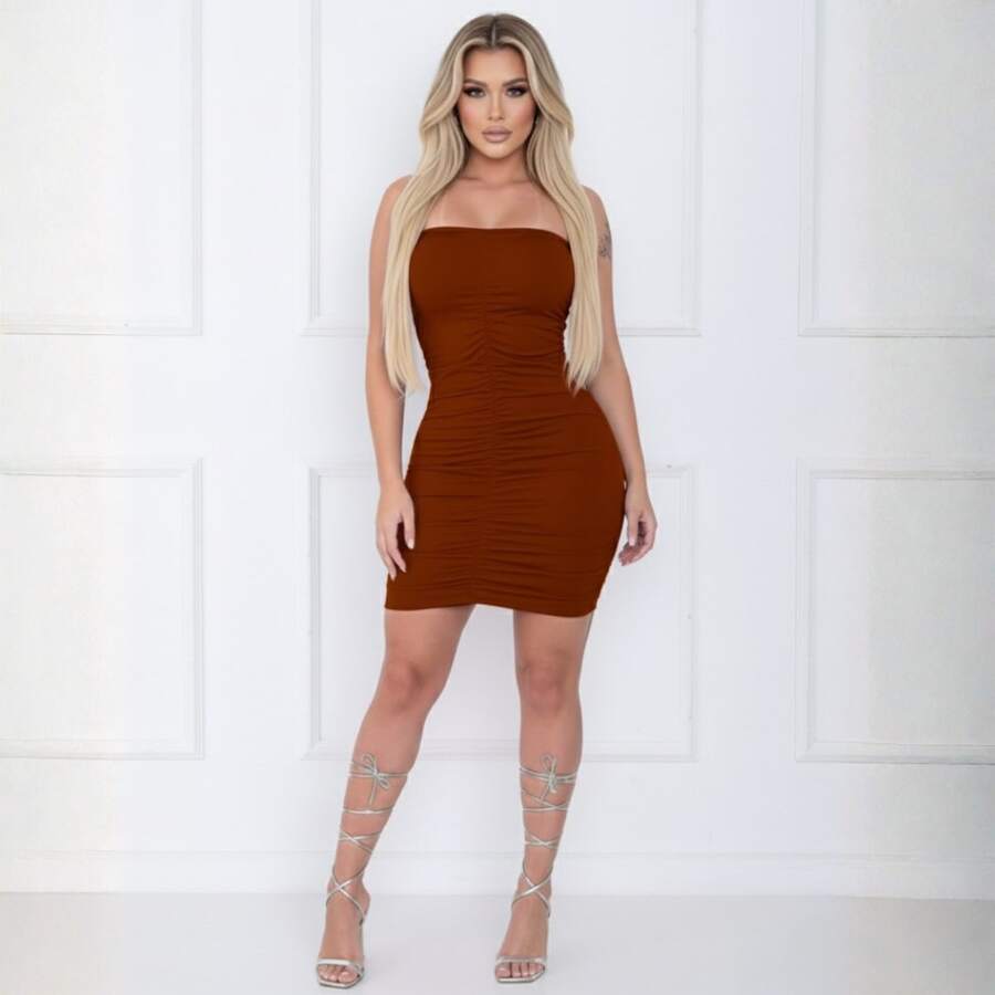 Vestido Curto Franzido Frontal Tomara que Caia Bodycon Sexy Justo Moda