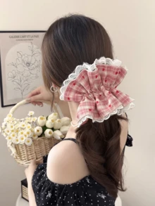 1个格子布爱心波点发圈，4层蕾丝荷叶边发髻固定器，适合春、夏、秋、冬、校园、情人节等场合，可作礼物 - 彩色 - 查看 8