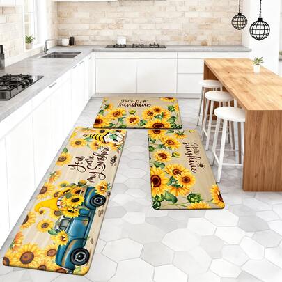 1/2/3 piezas Alfombras de cocina con diseño de girasol, diseño "Hola sol", estilo cálido campestre, adecuado para sala de estar, dormitorio, cocina, comedor, felpudo, baño y otras decoraciones del hogar