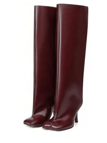 Knee High Boot Square Toe Kitten Heel Stiletto Heeled Boots For Woman Wide Calf Long Boots Heeled Slouchy Formal Shoes Winter Tall Boots For Women - 酒紅色 - 查看 2