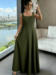 New Elegant And Sophisticated Dress For Women, With Spaghetti Straps, Versatile And Fashionable S M L - Army Green - View 4