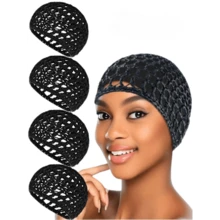 4pcs/Set Mesh Crochet Hair Net Set, Knitted Scarf Hat, Thick Short Women Hair Net, Sleep Scarf Cover, Black Hair Net, Long Straight/Curly Hair Protective Cap, Ballet Cap - Nhiều màu - Xem 1