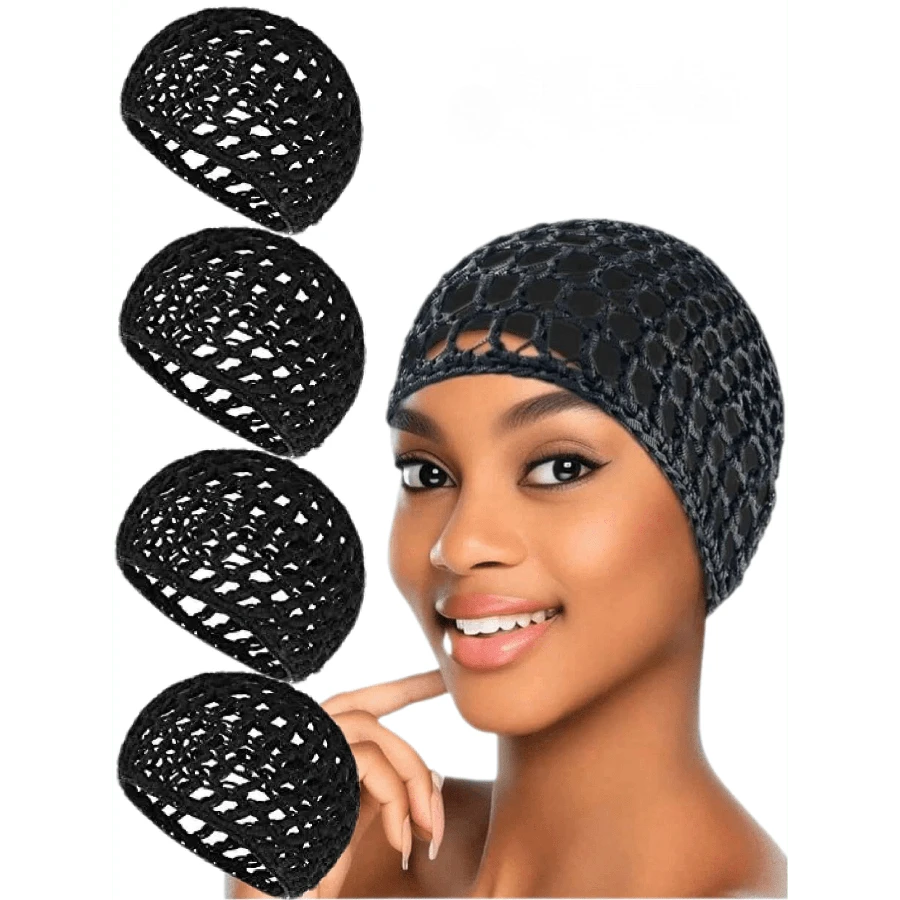 4pcs/Set Mesh Crochet Hair Net Set, Knitted Scarf Hat, Thick Short Women Hair Net, Sleep Scarf Cover, Black Hair Net, Long Straight/Curly Hair Protective Cap, Ballet Cap - Nhiều màu - Xem 1