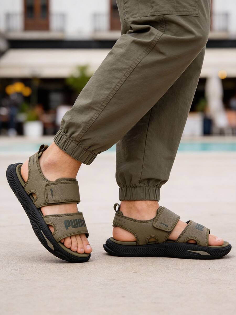 Puma 中性款 SoftridePro Sandal 24 透氣輕量居家休閒戶外沙灘日常涼鞋 395429 - 深橄欖色-黑色 - 查看 1
