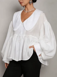 大码女式宽松V领优雅彼得潘领长袖荷叶边下摆纯色衬衫 白色 - 白色 - 查看 7