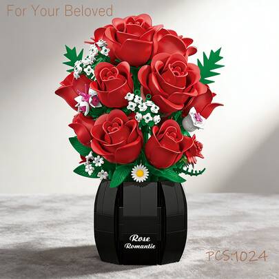 Monterade rosbukettbyggklossar, snygg gör-det-själv-leksak, perfekt present till flickvän/älskare/familj, idealisk hemdekoration för nyår och alla hjärtans dag