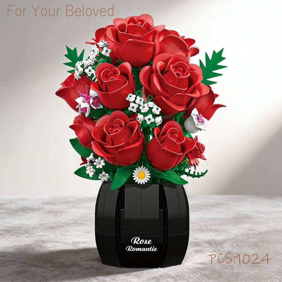 Assembled Rose Bouquet Building Blocks, High-Appearance DIY Toy, Perfect Gift For Girlfriend/Lover/Family, Ideal Home Ornament For New Year & Valentine's Day - Red - View 1