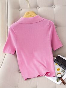 Camiseta Polo Feminina com Bordado, Camisa de Manga Curta, Rosa Primavera/Verão - Rosa chiclete - Visão 2