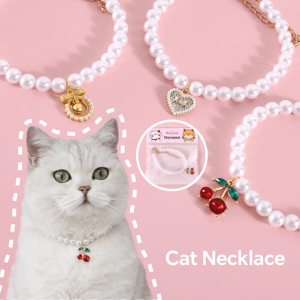 公主风猫咪项链，樱桃心形蝴蝶结吊坠宠物项链，宠物生日礼物纪念品，适合小型猫狗