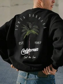 Men's California Palm Tree Double-Sided Print Crew Neck Sweatshirt | Casual Drop Shoulder Long Sleeve Pullover | Autumn/Winter Essential | Versatile & Easy To Style, Showcasing Your Fashion Sense - Black - View 2