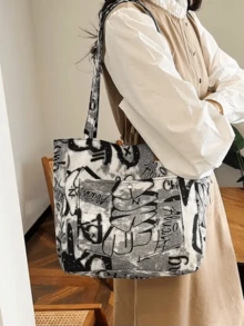 Bolso de lona, gran capacidad portátil, nuevo bolso de hombro multifuncional de moda para mujeres con estampado de graffiti, bolso de mano para estudiantes universitarios, mochila literaria para estudiantes, adecuado para mujeres o estudiantes, perfecto para guardar libros, artículos de compras, útiles escolares, bolso de mano para mujeres, artículo esencial para la universidad - Blanco y Negro - Ver 5