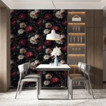 1 Roll Vintage Red & White Floral Self-Adhesive Wallpaper, Vinyl Material, Easy To Tear And Stick, Removable, Wall Paper, Black Background With Floral Pattern, Self-Adhesive Wallpaper, Decorative Wall Sticker, Suitable For Home Decor, Living Room, Bedroom, Kitchen, Etc. - Multicolor - View 8