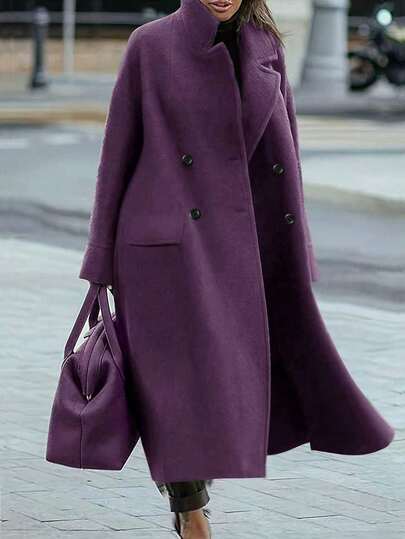 Cappotto lungo elegante da donna taglia comoda, in misto lana, con colletto alla coreana, maniche lunghe, caldo, adatto per l'uso quotidiano, autunno/inverno