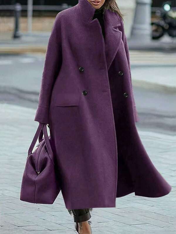 Plus Size Women's Casual Wool Blend Turndown Collar Long Sleeve Warm Commuter Elegant Long Coat, Autumn/Winter