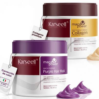  KARSEELL Collagen Hair Mask Pack 500ml + Violet Mask 500ml Professional Intensive Repairing And Toning Treatment With Hydrolyzed Collagen, Vegetable Proteins, And Nourishing Oils For Dry, Damaged, Brittle, Or Harmful Hair From Dyes, Bleaching, And Straightening Irons. Deeply Hydrates, Repairs The Hair Fiber, Controls Frizz, Reduces Breakage And Split Ends, Provides Softness, Elasticity, Shine, And Manageability. Violet Mask Neutralizes Yellow And Orange Tones In Platinum Blonde, Gray, Or Bleached Hair, Prolongs Color Intensity, And Maintains A Uniform Cool Blonde. Softer, Stronger, And Healthier Hair With Professional Results From The First Application