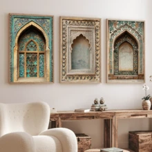3张/套复古墙贴海报，伊斯兰风格墙贴，每套3张 | 清真寺拱门 | 伊斯兰建筑 | 伊斯兰礼品 | 中东/摩洛哥/安达卢西亚风格装饰，节日装饰 | 精致节日海报，带框或不带框，房间装饰，家居装饰，大学宿舍公寓装饰，酒店，家庭，客厅，卧室和办公室墙面装饰礼品 - 彩色 - 查看 4