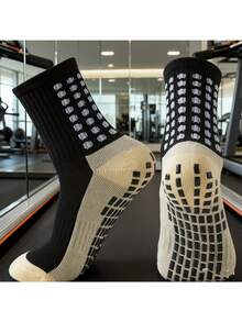 Thickened Terry Cloth Soccer Socks, Mid-Calf Long Tube Non-Slip Socks For Football, Unisex Couple Sports Socks, For Gym - 黑色 - 查看 1